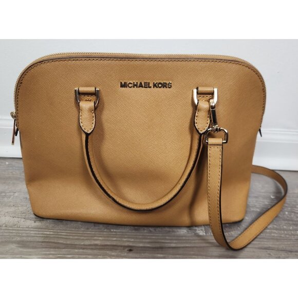Michael Kors Handbags - Michael Kors Cindy LG Tan Dome Satchel Bag Oyster Saffiano Leather